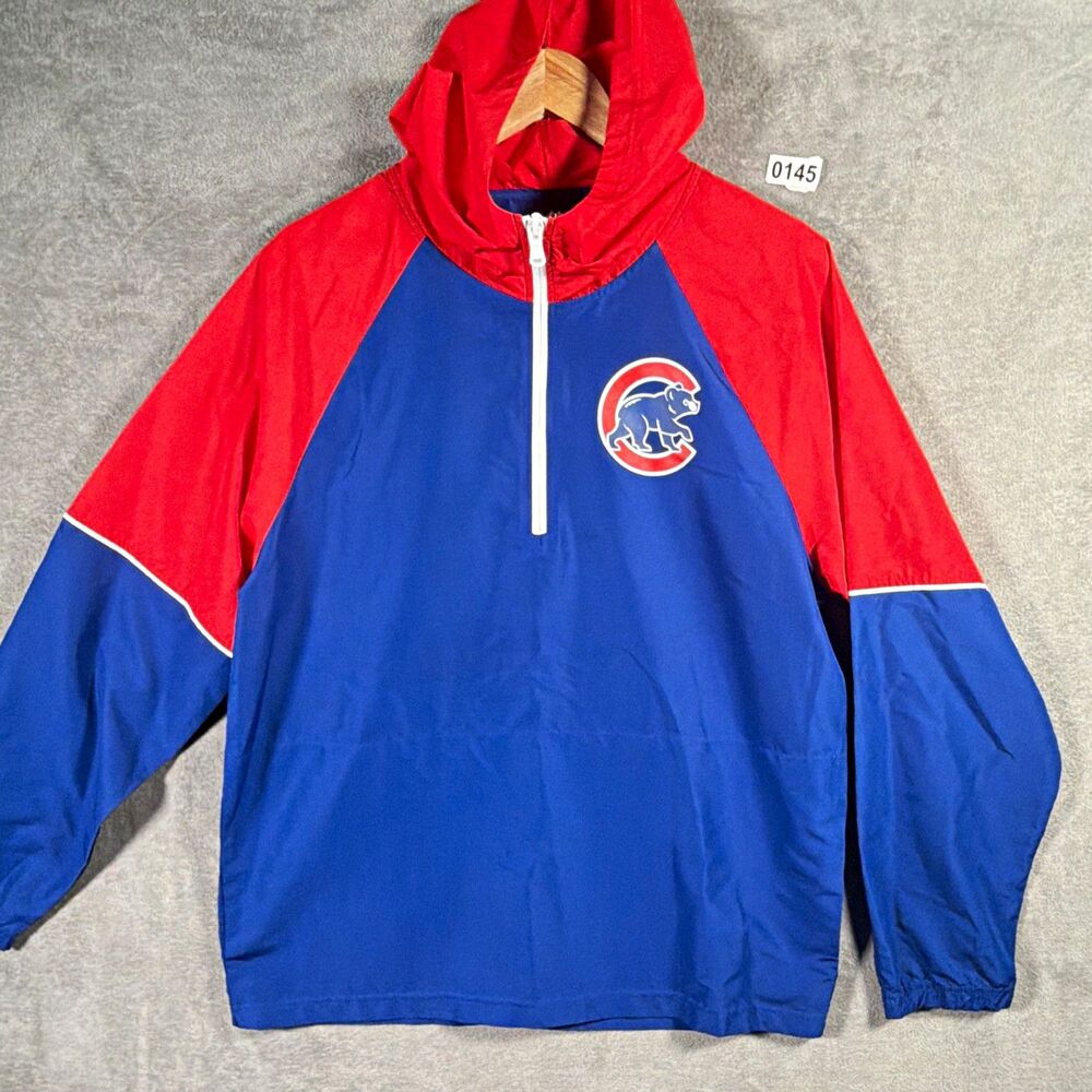 Majestic MLB Chicago Cubs Blue Red White Half Zip Hooded Jacket Size M